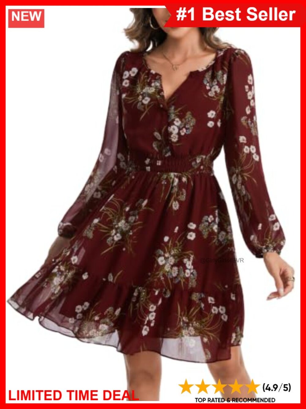 Long Sleeve Mini Dress Smocked Waist Floral A-Line Boho Wedding Guest